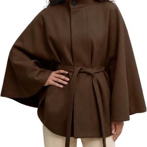 Wool Cape-Style Coat with Batwing Sleeves and Tie-Waist