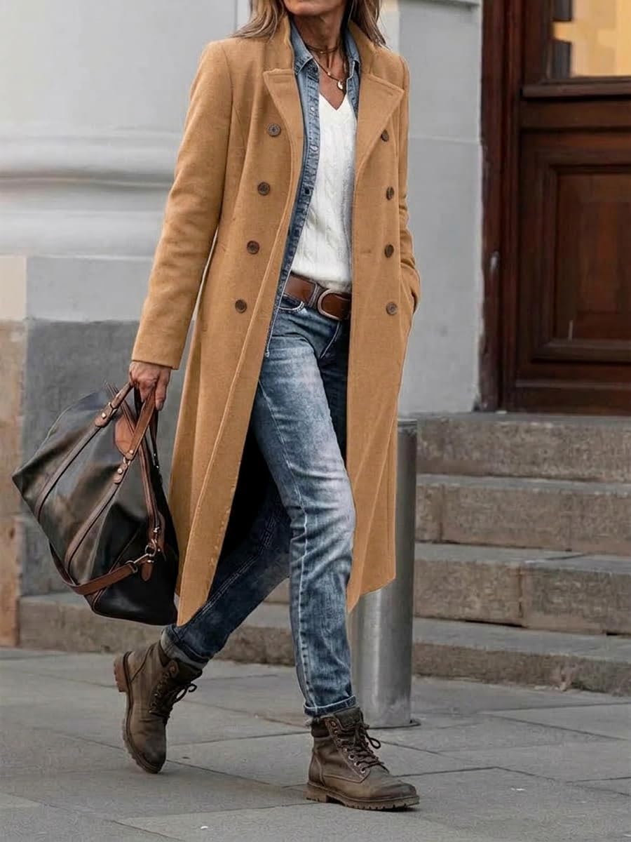 Women’s Long Double-Breasted Wool-Blend Coat - Image 2