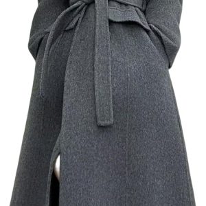Lapel-Collar Double-Breasted Coat with Tie-Waist