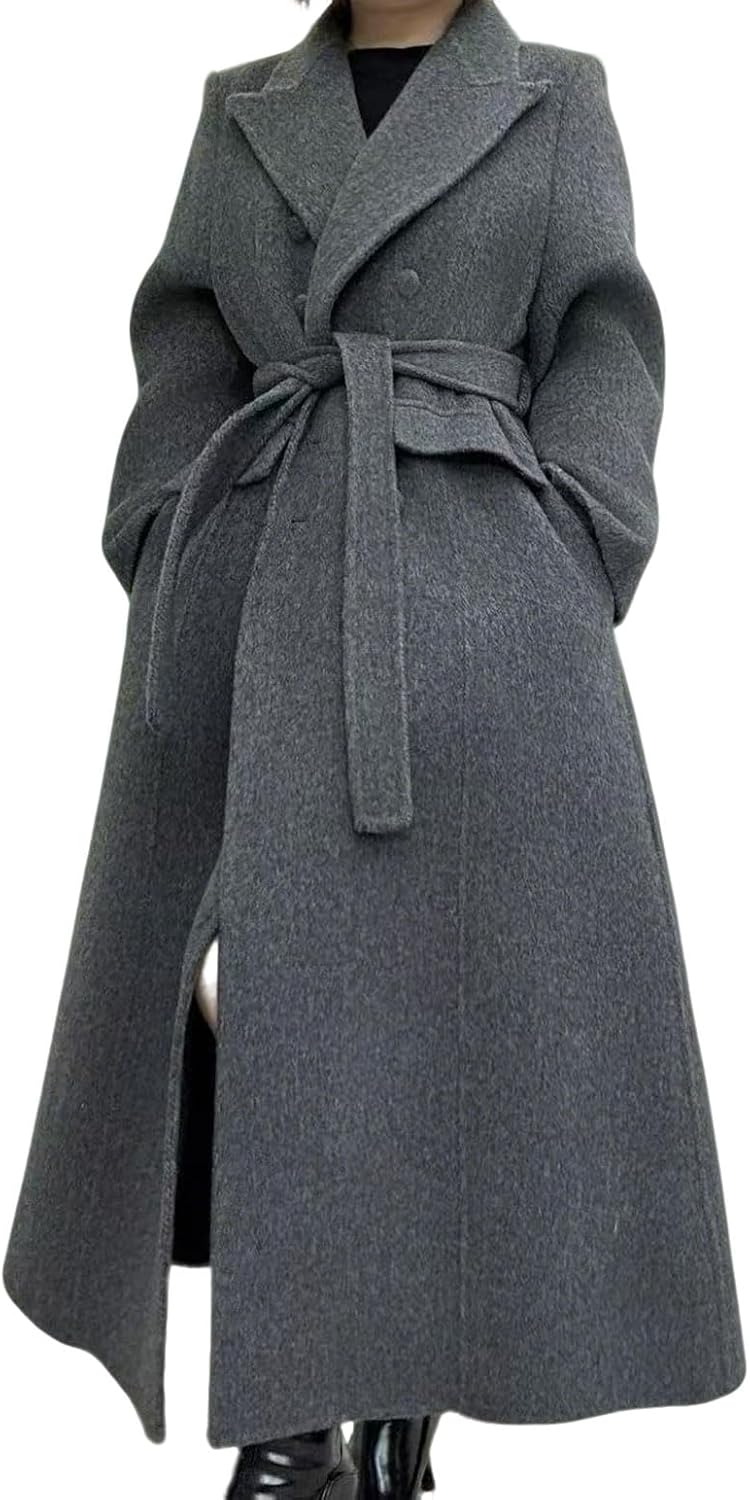 Lapel-Collar Double-Breasted Coat with Tie-Waist