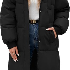 Women’s Long Hooded Puffer Coat with Decorative Pockets