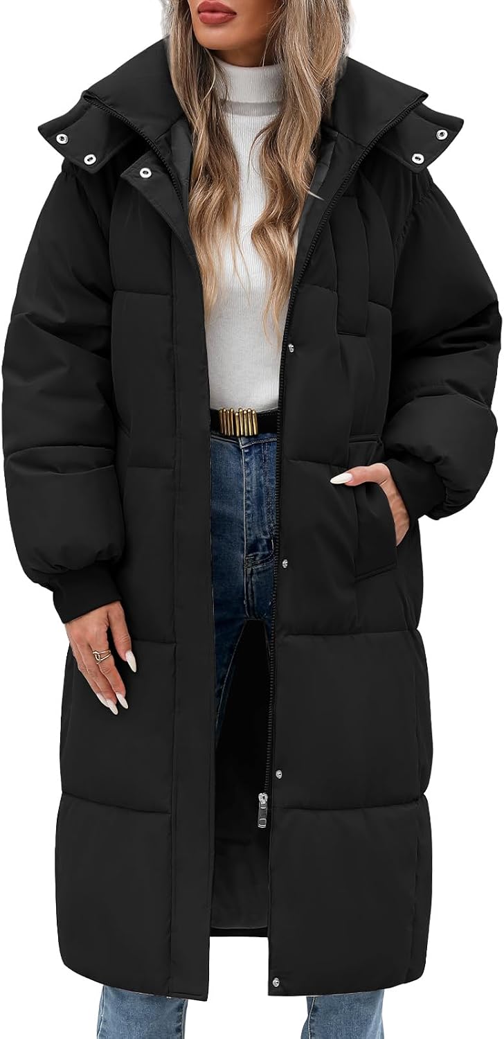 Women’s Long Hooded Puffer Coat with Decorative Pockets