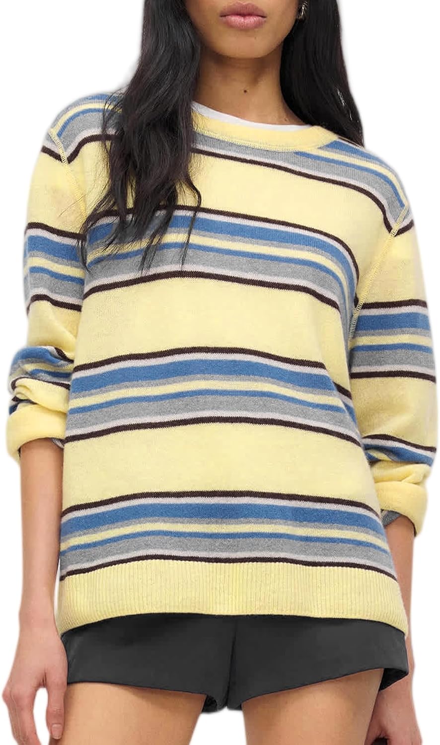 Women’s Loose-Fit Striped Ribbed Crew-Neck Sweater