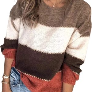 Women’s Loose-Fit Striped Color-Block Crew-Neck Sweater