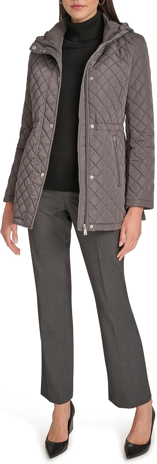 Women’s Long Hooded Diamond-Quilted Coat with Pockets - Image 2