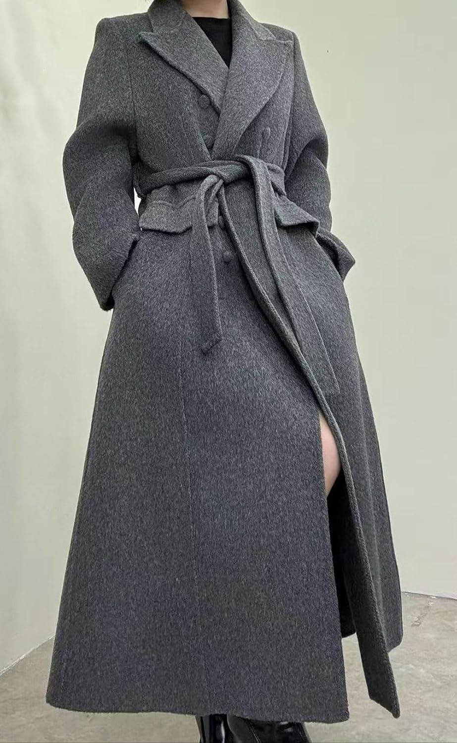 Lapel-Collar Double-Breasted Coat with Tie-Waist - Image 2