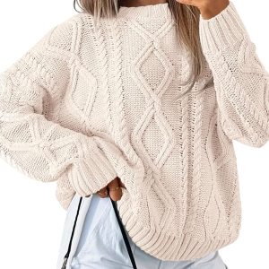 Women’s loose-fit cable-knit sweater with a crew neck