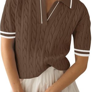 Women’s Short-Sleeve Cable-Knit Polo Top