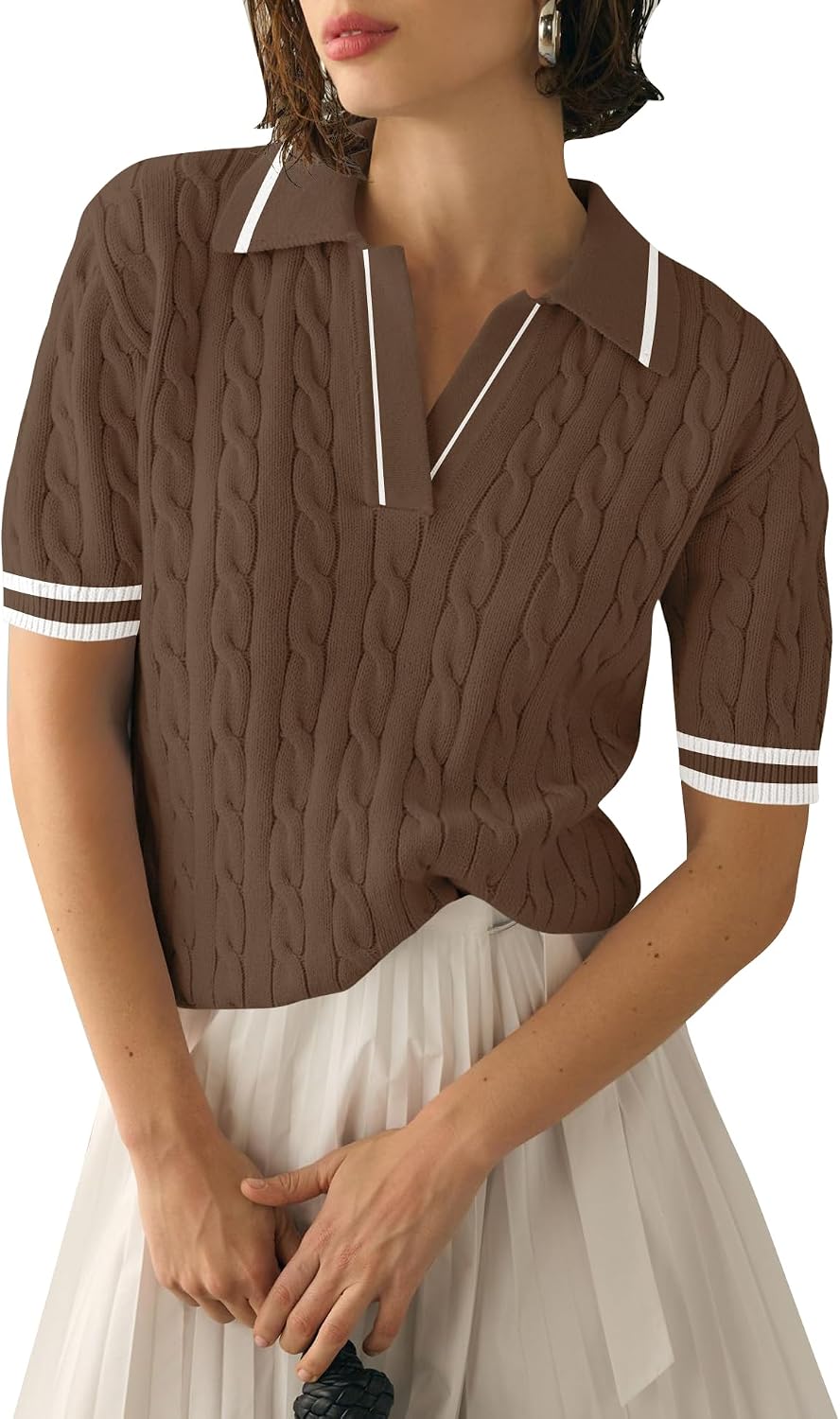 Women’s Short-Sleeve Cable-Knit Polo Top