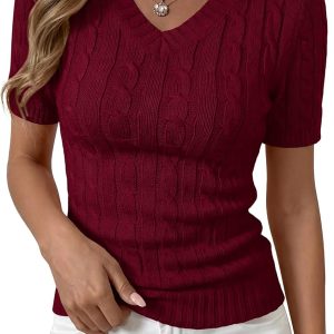 Women’s summer short-sleeve cable-knit V-neck top, a slim-fit piece for work or casual wear