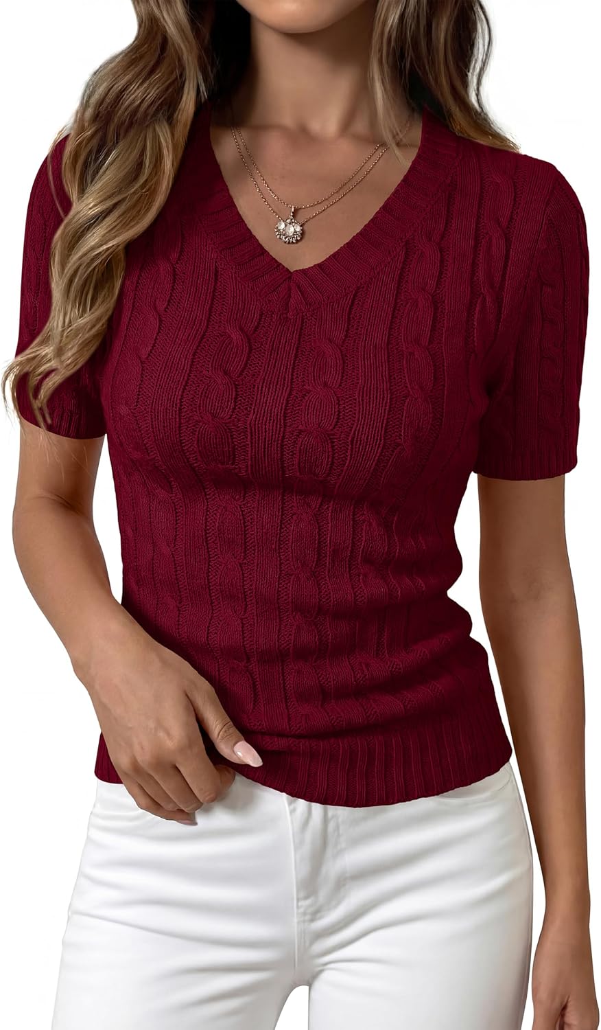 Women’s Slim-Fit Short-Sleeve Cable-Knit V-Neck Top