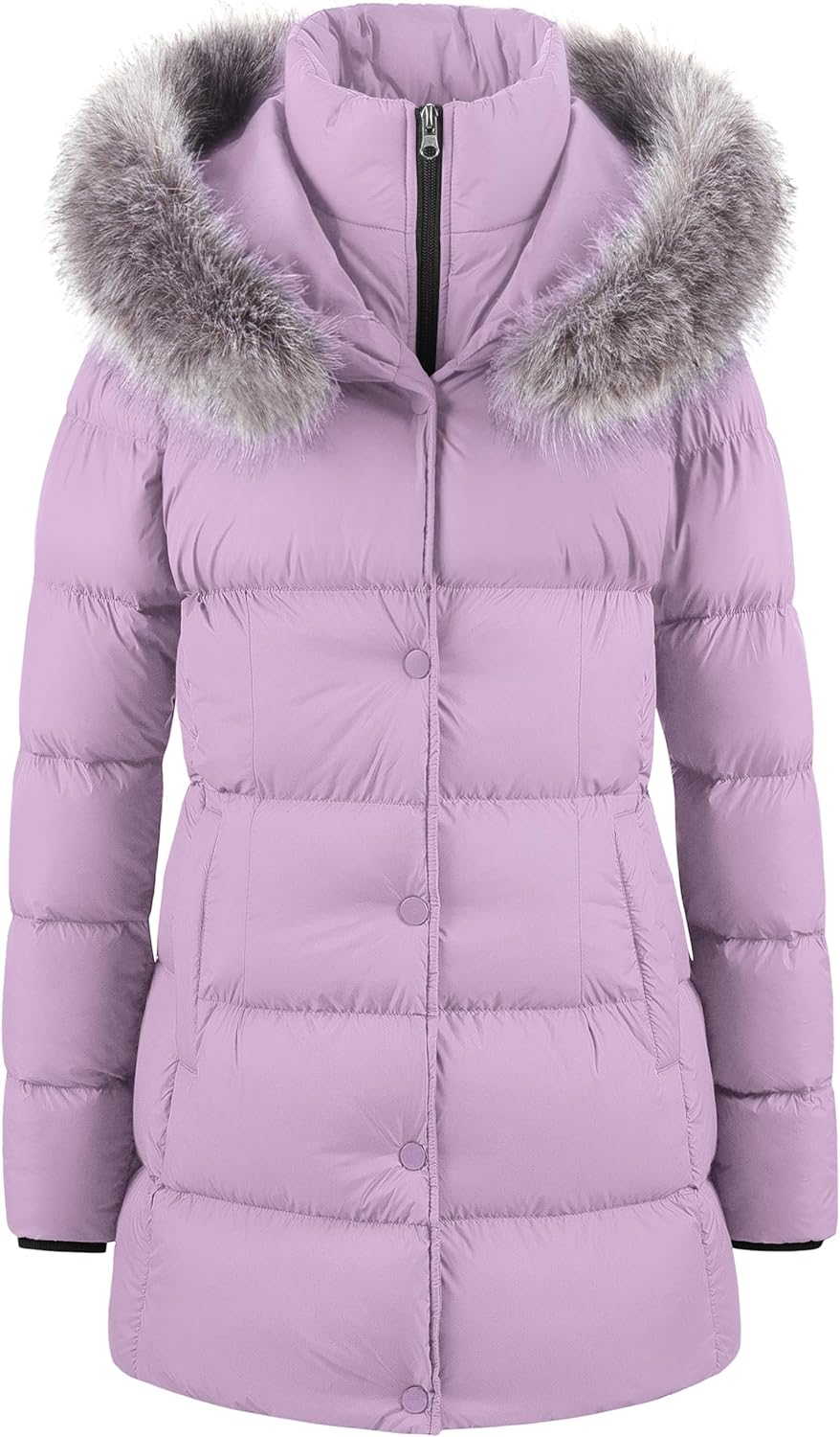 Women’s Long Puffer Coat with Removable Faux Fur Trim