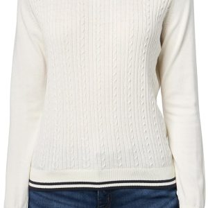 Women’s solid-color cable-knit sweater with long sleeves and contrasting trim