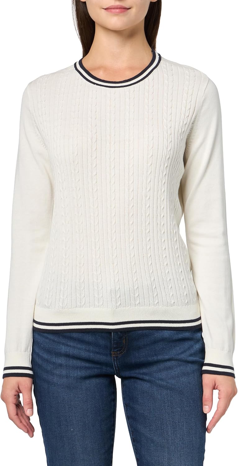 Women’s Long-Sleeve Cable-Knit Sweater with Contrast Trim