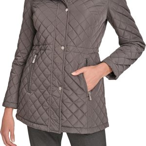 Women’s Long Hooded Diamond-Quilted Coat with Pockets