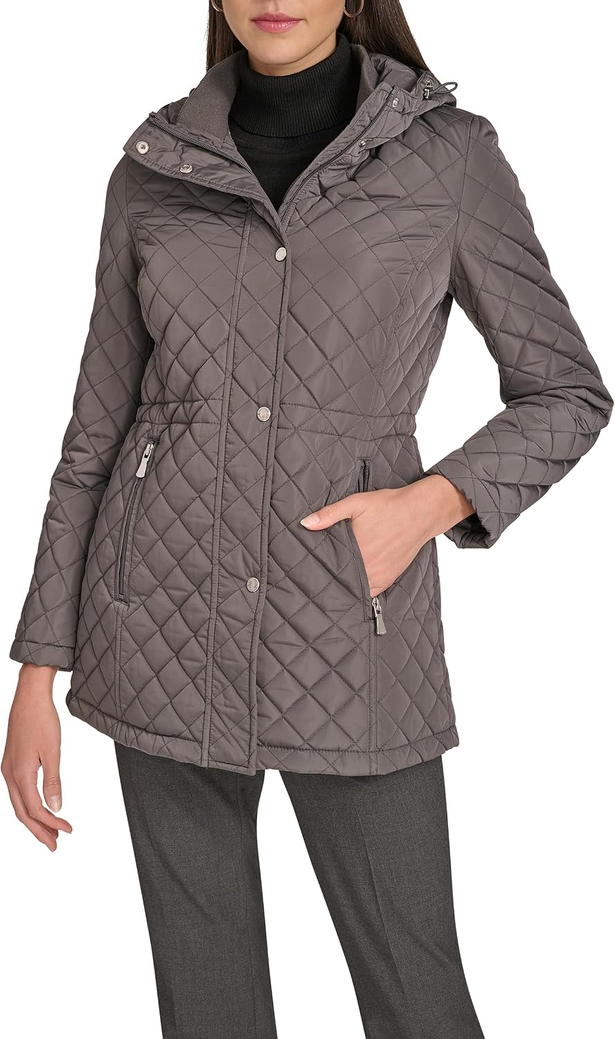 Women’s Long Hooded Diamond-Quilted Coat with Pockets